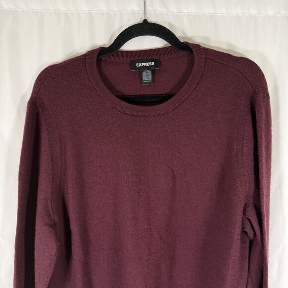 Express Merino Wool Sweater Men's Large Burgundy Long Sleeve Crew Neck Pullover - Picture 2 of 9